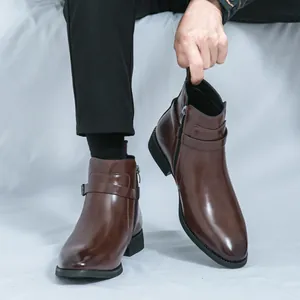 Bottines Chelsea pour Hommes Style Britannique en Cuir Microfibre Mode Fermeture Éclair Latérale Sangle à Boucle Bottes Martin Gentleman Chaussures Formelles