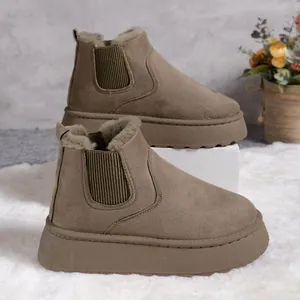 Close-up of women's thick platform snow boots with soft fur lining and suede finish.