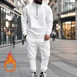 Chándal deportivo de forro polar blanco para hombre con top de cremallera corta y pantalones