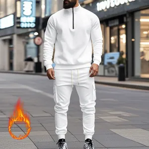 Conjunto de chándal deportivo blanco para hombre forrado en forro polar con media cremallera