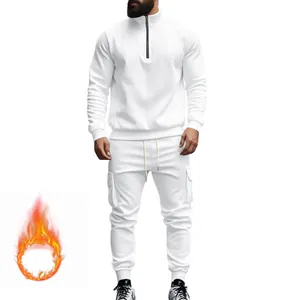 Conjunto de chándal blanco para hombre forrado de vellón con cremallera y jogger cargo