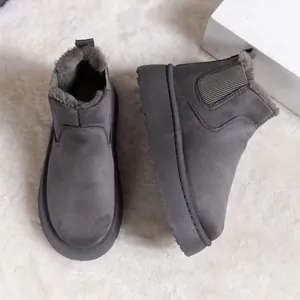 Grey warm plush-lined women's snow boots with thick soles on white faux fur background.