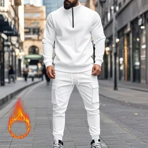 Chándal blanco para hombre con forro polar, media cremallera y pantalones cargo