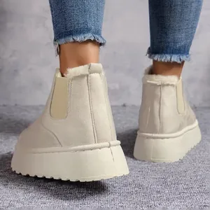 Detailed back view of beige women's platform snow boots with thick warm fur lining