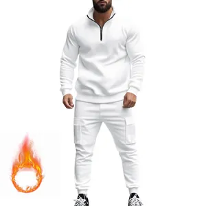 Chándal deportivo blanco para hombre, forro polar, con cremallera y pantalones.
