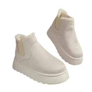 Women's beige platform snow boots with warm faux fur lining and elastic side panels