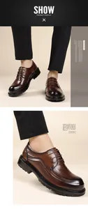 Close-up of brown leather Derby shoes with crocodile texture and thick rubber soles