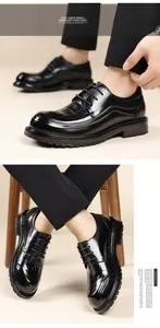 Detailed view of men's black leather Derby shoes with thick soles and croc pattern