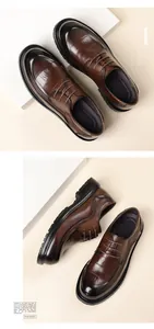 Detailed top and side views of men's brown leather Derby shoes with thick black soles.