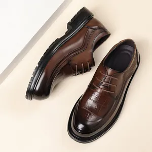 Classic men's brown genuine leather Derby shoes featuring crocodile pattern and thick soles