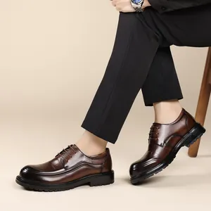 Elegant brown genuine leather thick-sole derby shoes for men's business casual style
