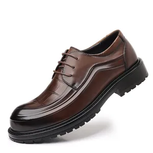 Premium men's brown leather Derby shoes with thick rubber lug soles for business