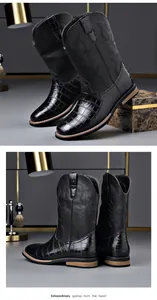 High-quality detail showing the crocodile skin texture and embroidery on men's western boots