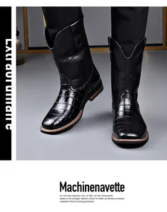 Detailed view of men's retro black embroidered western cowboy boots with textured finish