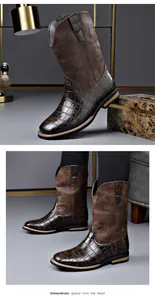 Premium men's retro brown cowboy boots with crocodile texture and embroidery detail