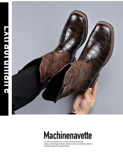 Detail shot of brown croc-embossed leather western cowboy boots with embroidery