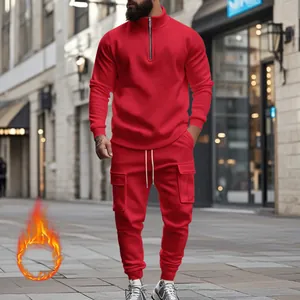 Conjunto de chándal rojo de invierno para hombre con forro polar y media cremallera
