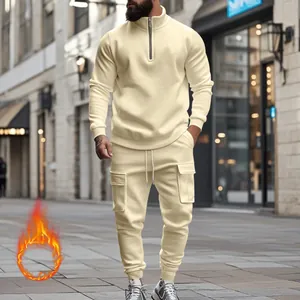 Ανδρικό σετ φόρμας με επένδυση fleece, φούτερ με μισό φερμουάρ και παντελόνι cargo