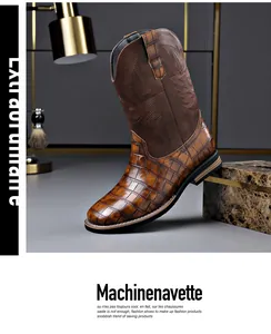 Retro brown Western cowboy boots featuring crocodile texture and embroidered shaft
