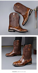 Vintage brown cowboy boots for men with crocodile texture and embroidery detail