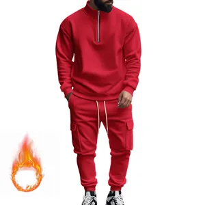 Chándal de invierno rojo para hombre con forro polar y bolsillos tipo cargo deportivos
