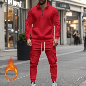 Chándal térmico rojo para hombre con sudadera con media cremallera y pantalón cargo