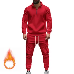 Chándal de forro polar rojo para hombre de otoño invierno con sudadera de media cremallera.