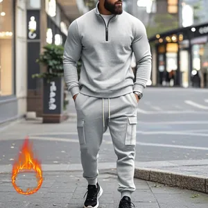 Ανδρική γκρι φόρμα με επένδυση fleece, φούτερ με μισό φερμουάρ και παντελόνι cargo