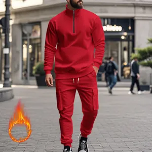 Chándal rojo para hombre forrado de felpa con sudadera con cremallera y pantalón cargo