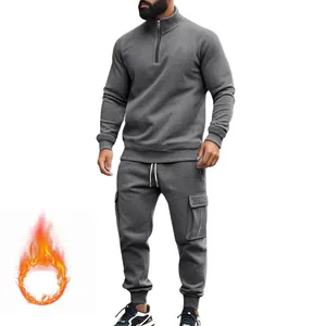 Γκρι ανδρική φόρμα με επένδυση fleece, φούτερ με μισό φερμουάρ και παντελόνι cargo