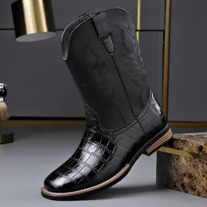Vintage Men's Western Cowboy Boots Embroidered Mid-Calf Martin Boots With Side Zipper Crocodile Embossed Casual Leather Boots
