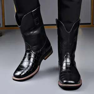 Men's vintage western cowboy boots with embroidered shaft and faux crocodile texture