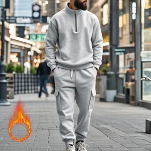 Ανδρική γκρίζα φόρμα με επένδυση fleece, φούτερ με φερμουάρ και παντελόνι cargo