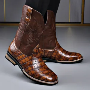Retro men's brown western cowboy boots with embroidered details and crocodile texture