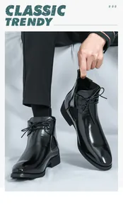 Men's stylish glossy black Chelsea boots featuring lace-up detail and high-top design