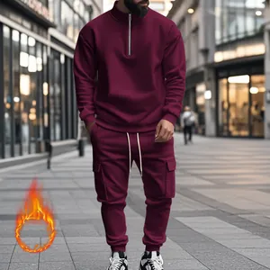 Conjunto de chándal de felpa térmica burdeos para hombre con sudadera de media cremallera
