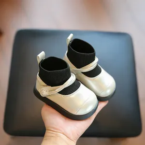 Chaussures de marche d'hiver pour bébés filles avec semelle souple et col en tricot chaud
