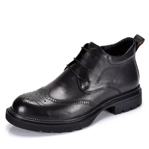 Men's Genuine Cow Leather Martin Boots Brogue Carving Wingtip Lace-up Side Zipper Warm Plush Lining Winter Casual Non-slip Boots