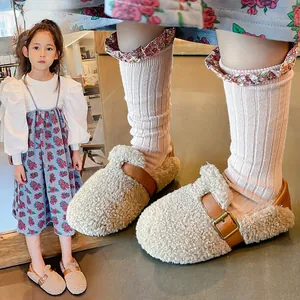 Cozy sherpa fleece loafers for girls with brown buckle strap for autumn and winter