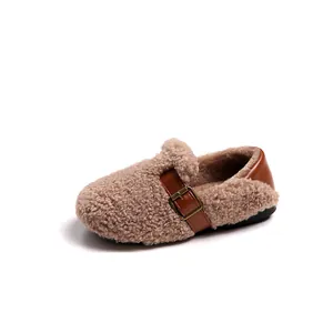 Warm children's wool fleece cotton shoes for winter outdoor wear with leather buckle
