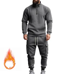 Ανδρική γκρι φόρμα fleece με φούτερ με μισό φερμουάρ και παντελόνι cargo χειμώνα