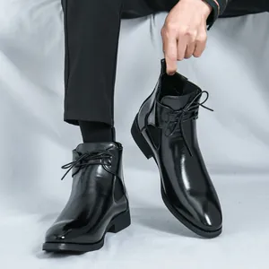 Men British Style Chelsea Boots Artificial Leather High Top Martin Boots With Side Zipper Pointed Toe Formal Fashion Shoes
