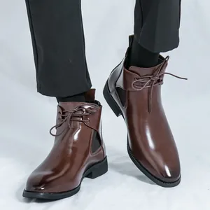 Classic brown British style men's Chelsea boots with side zipper and lace-up detail