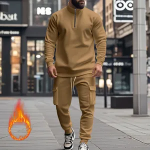 Chándal de forro polar caqui para hombre con sudadera de media cremallera y pantalón cargo