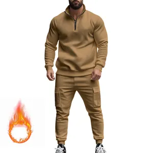 Chándal de hombre caqui con forro polar, sudadera de media cremallera y jogger