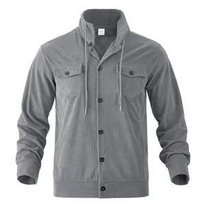 Front view of a grey men's corduroy jacket with chest pockets and drawstring collar detail.