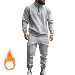 Chándal gris para hombre forrado de vellón con jersey de media cremagllera y pantalón cargo