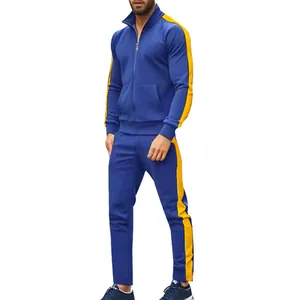 Vista detallada del chándal deportivo azul para hombre con rayas laterales amarillas contrastadas