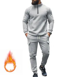 Chándal deportivo gris para hombre con forro polar, parte superior con cremallera y cargo