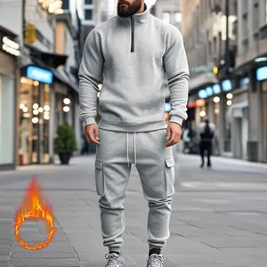 Chándal de forro polar gris para hombre con sudadera con cremallera y pantalón cargo